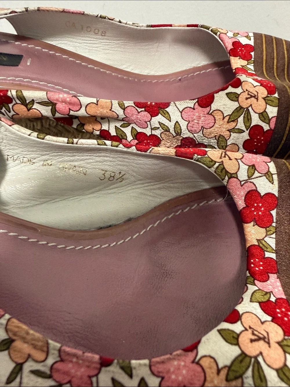 Louis Vuitton Floral Canvas Espadrille Wedge Sandals in Red, Pink and Brown